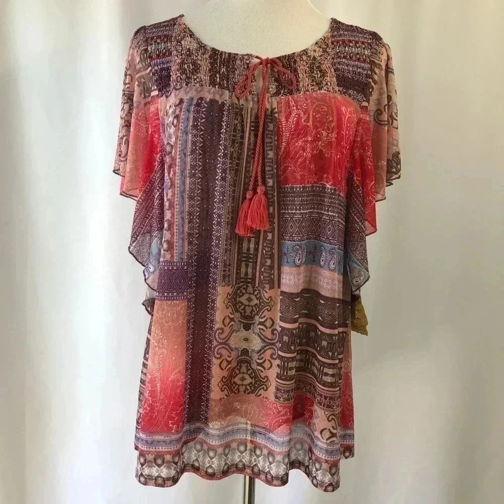 One World Tunic Women Medium Purple Patchwork Paisley Boho‎ Flutter Sleeve NEW